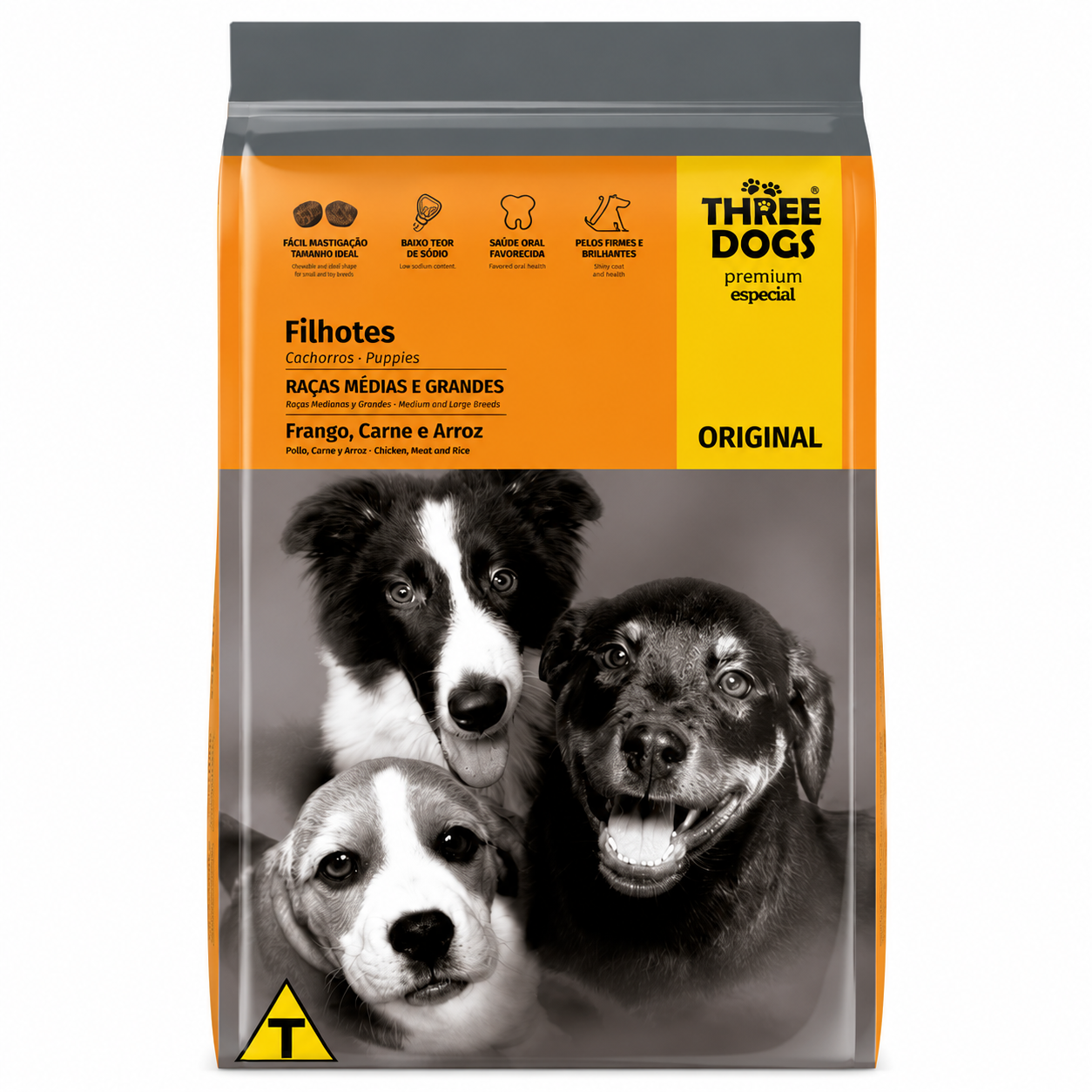 Ração Three Dogs Original Filhote Raças Médias e Grandes Frango, Carne e Arroz 15kg