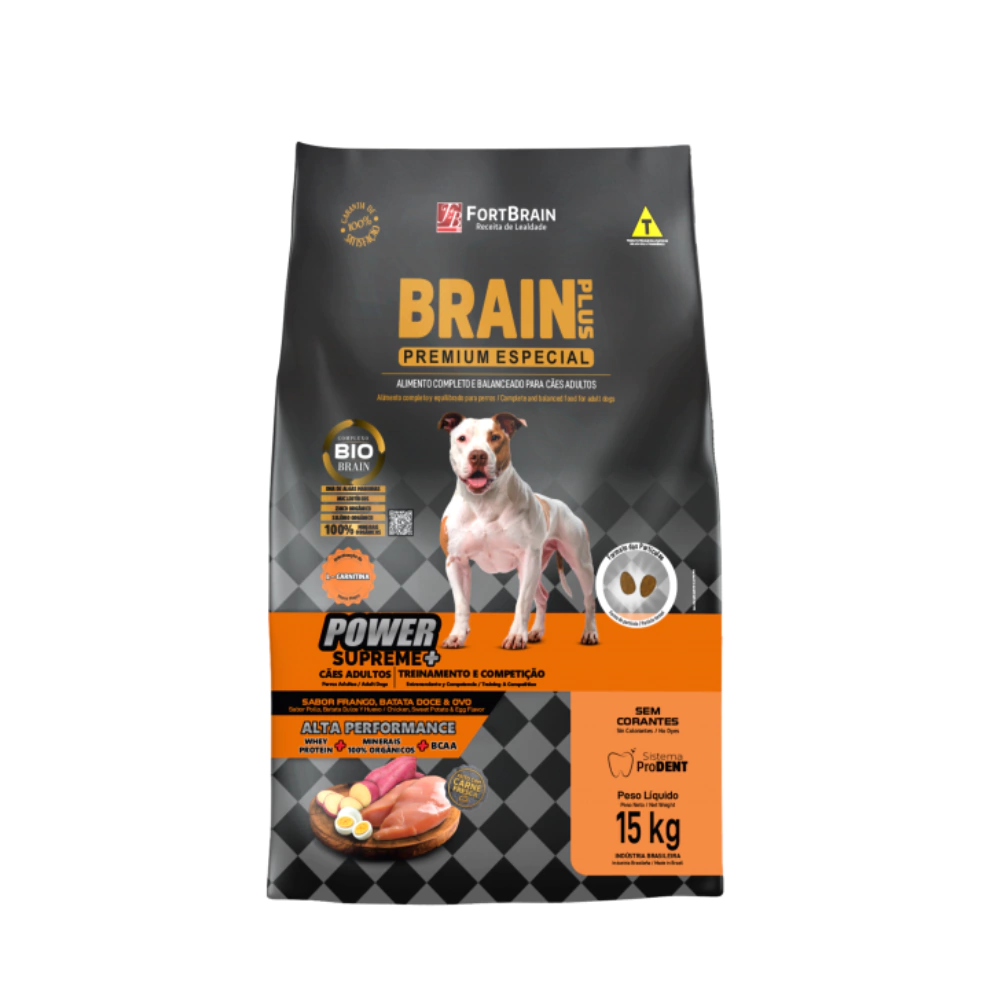 Ração Brain Plus Power Adulto Raças Médias e Grandes Frango, Batata-Doce e Ovo 15kg