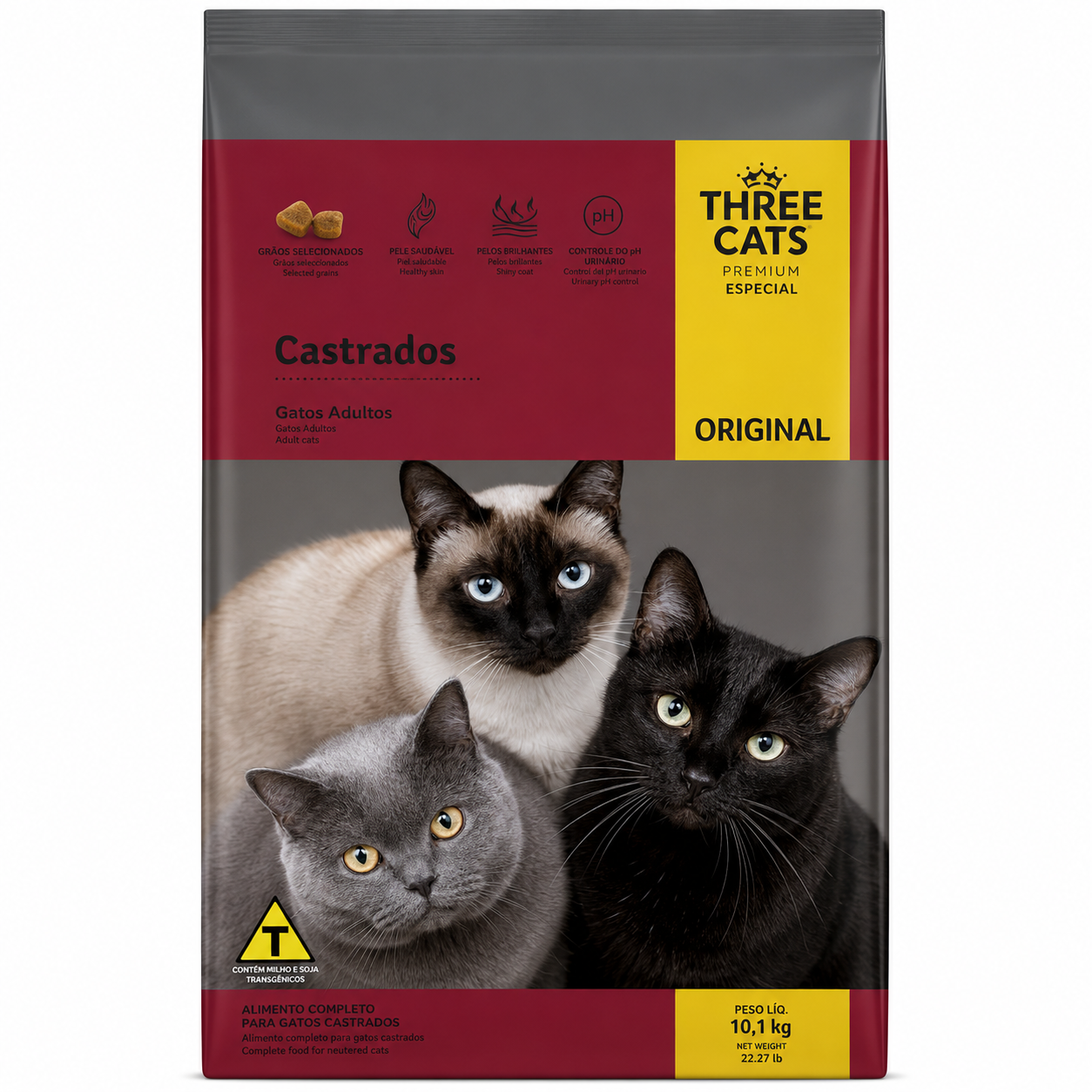 Ração Three Cats Gatos Castrados sabor Carne 15kg