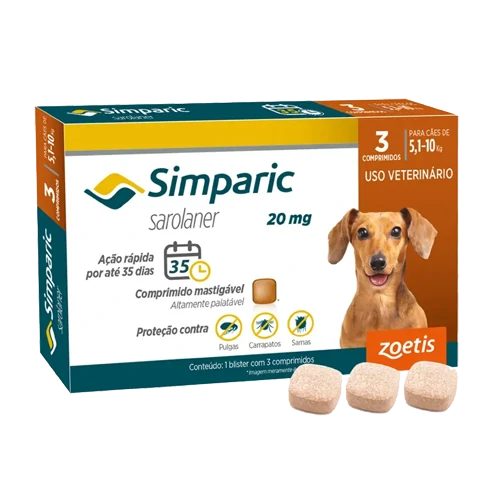 Antipulgas Simparic 20mg para Cães 5 a 10kg 3 comprimidos