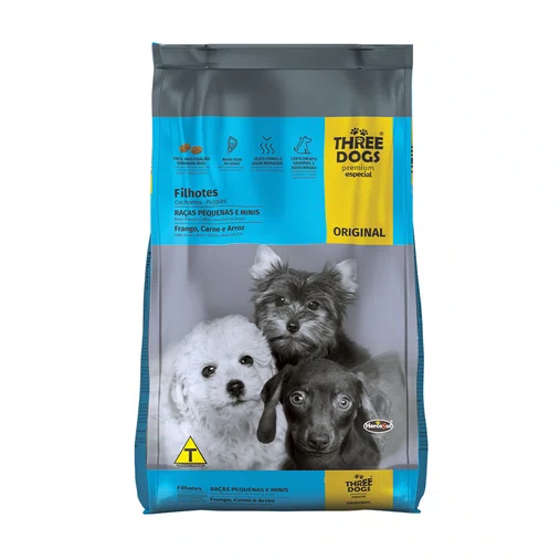 Ração Three Dogs Original Filhote Raças Pequenas e Mini Frango, Carne e Arroz 10,1kg