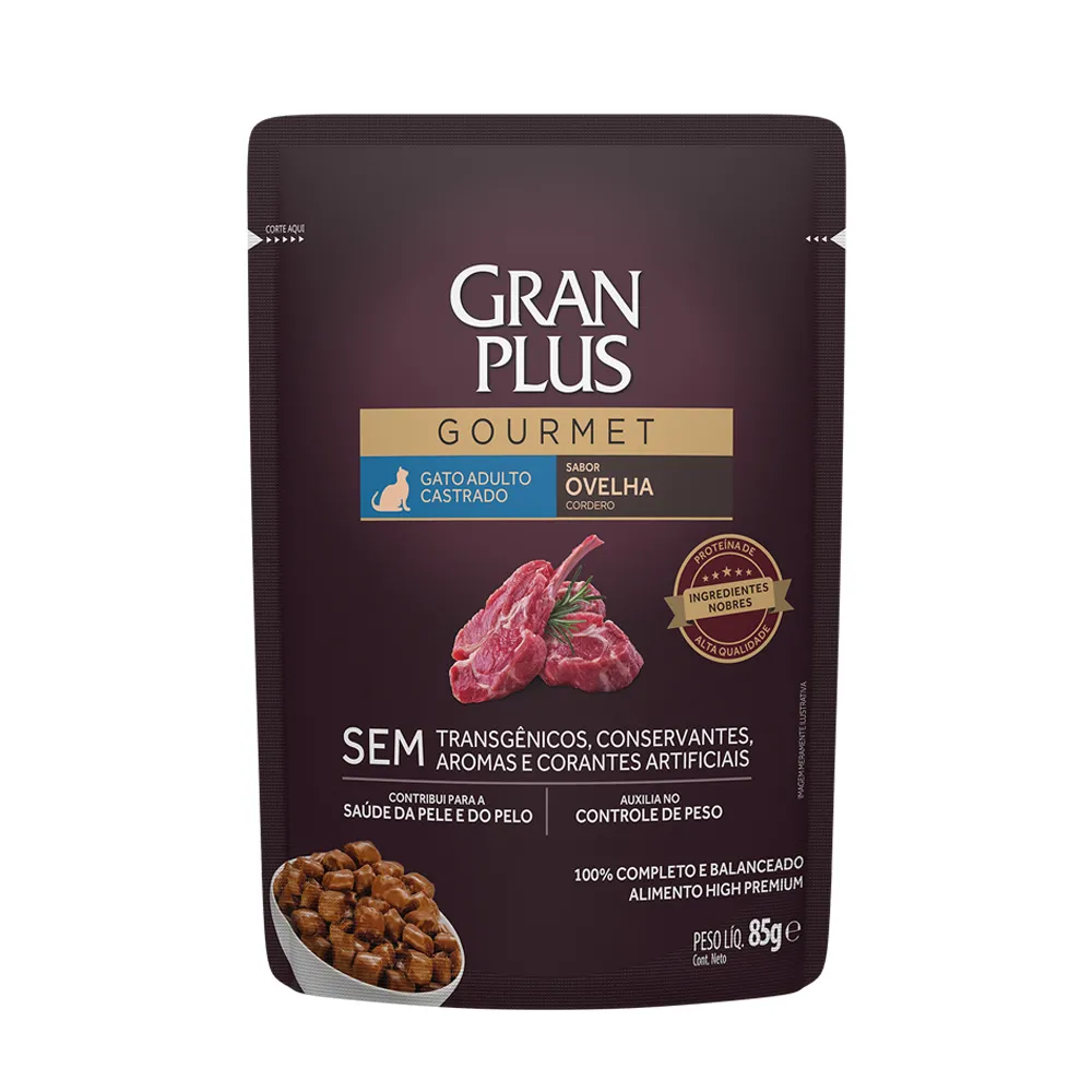 Ração Úmida Gran Plus Gourmet Gatos Castrados Ovelha Sachê 85g