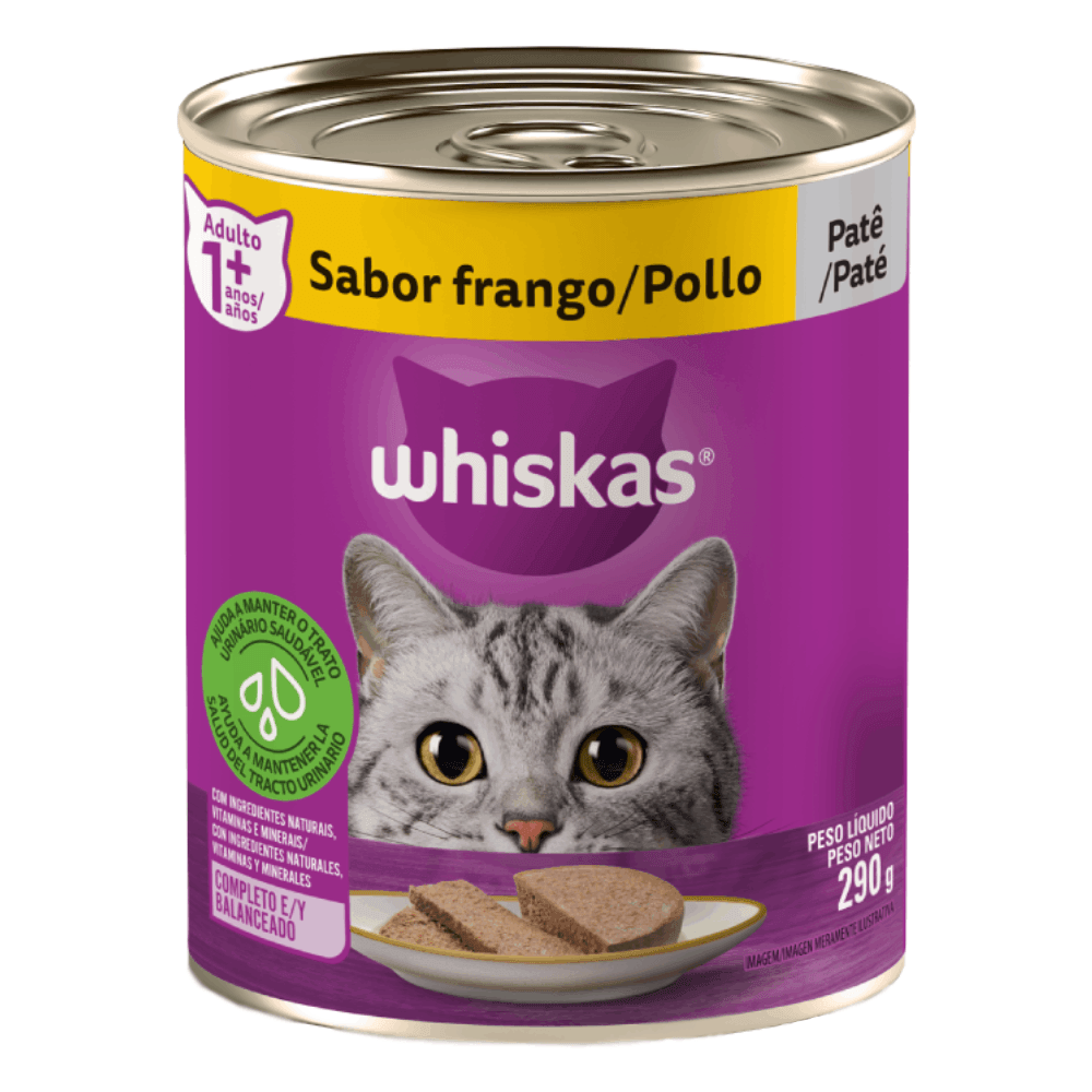 Ração Úmida Whiskas Lata Patê para Gatos Adultos Frango 290g