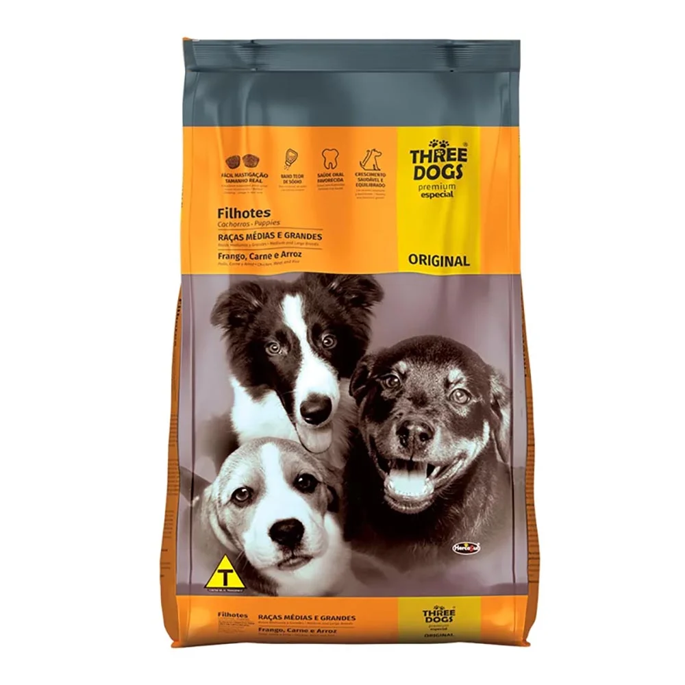 Ração Three Dogs Original Filhote Raças Médias e Grandes Frango, Carne e Arroz 15kg